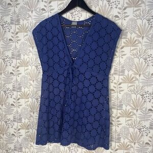 Vintage Dream Beach Women's Eyelet Tunic Cover-up‎ Blue Cotton USA M Boho Beach